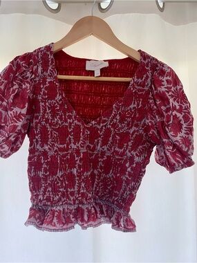 Cleobella Red Floral Smocked Puff-Sleeve Top XS